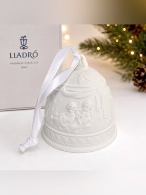 LLARDO White Porcelain Bell Ornament with Ribbon Holiday